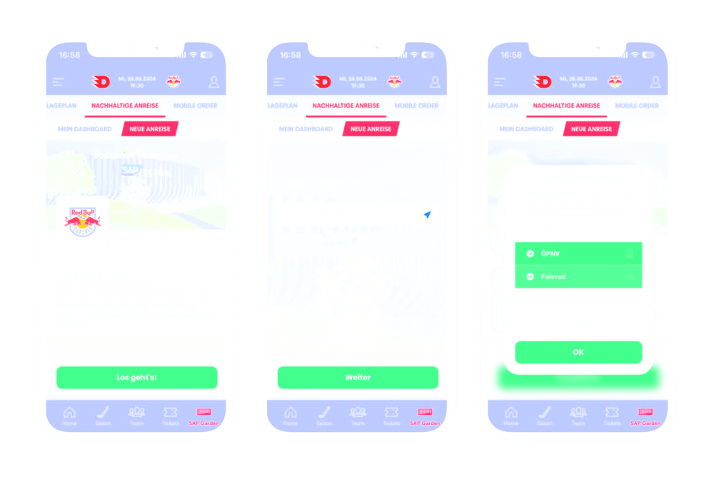 Red Bull München app: trip entry and transport mode selection